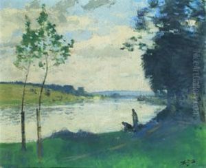Bord De Riviere Animee A Moret-sur-loing by Pierre Eugene Montezin