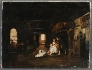 Interior With Elegant Figures And Baby by Adolphe Francois Montfallet