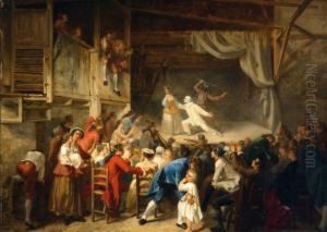 Reprasentation D'une Comadie Italienneau Temps De Louis Xv Huile Sur Panneau Signae En Bas A Droite Et Datae ?1860' 47 X 64 Cm Cadre De L'apoque A Canaux En Stuc Dora Ce Tableau, Forme Pendant Avec Le Panneau"reprasentation Thaatrale De Turlupin
