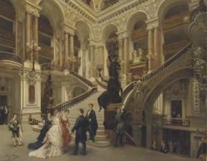 The Interior Of The Paris Opera, With Figures On The Steps by Adolphe Francois Montfallet