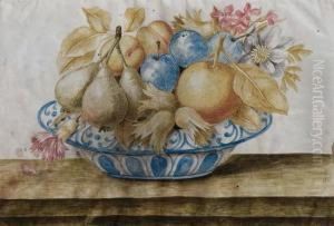 Pere, Susine, Albicocche, Unapesca E Fiori In Un Piatto Di Ceramica by Octavianus Montfort