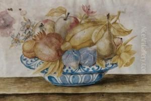 Fichi, Mele, Un Melograno Ealtri Frutti E Fiori In Un Piatto Di Ceramica by Octavianus Montfort