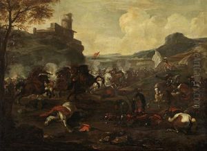 A Cavalry Skirmish Beneath A Castle On Anoutcrop With A Plain Beyond