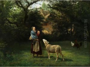 Landliche Idylle Mit Kindern, Schaf Und Huhnern Landliche Idylle Mit Kindern, Schaf Und Huhnern