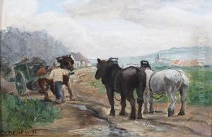 Harnessing Horses To A Timber Cart by Jules Montigny