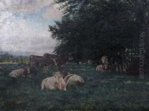 Landscape With Cows In The Meadow Under The Trees by Jules Montigny