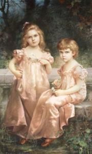 Portrait Of Two Girls In Pink Dresses by Rosina Montovani-Gutti