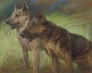 Two German Shepherds In A Field by Fannie Moody