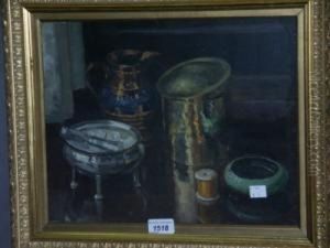 Still Life, Copper Lustre Jug, Sugar Bowl And Reel by Edward Hartley Mooney
