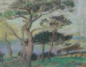 Pines And Sea Near Mount Hawke, Cornwall by Robert James Enraght Moony