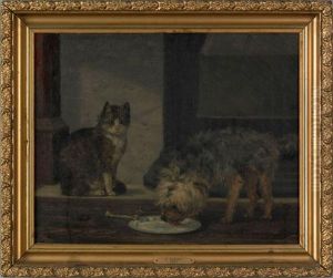 Oil Oncanvas Of A Cat And Dog by Edwin Augustus Moore