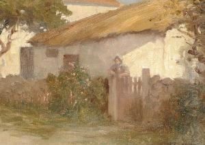 A Woman Leaning On A Gate Before A Cottage