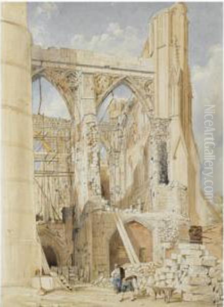 Stone Masons Working On The Rebuilding Of The South Wall Of St. Stephen's Chapel, Westminster; A Stone Mason Smoking A Pipe Amongst The Masonry Of St. Stephen's Chapel, Westminster - view 1