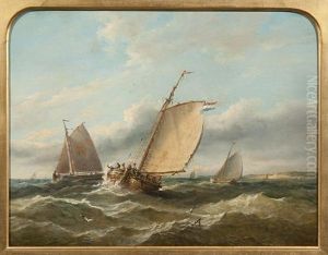 Fishing Vessels Off A Coastline by John Moore Of Ipswich