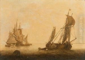 Penschilderij - Ships On The Open Sea. by Cornelis Pietersz De Mooy