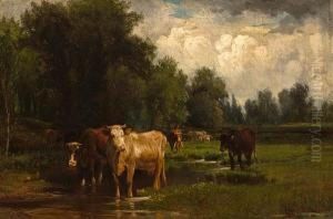 Cows Watering In A Stream by Peter Moran