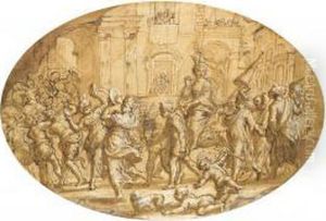 A Processional Feast With Musicians And People In Costume, A Womanon A Horse At The Centre by Giovanni Maria Morandi