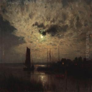 A Fishing Village In Moon Light by Walter Moras