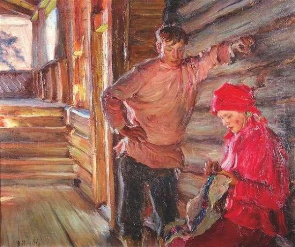 Young Russian Couple Conversing. Oil/canvas, Signed - view 1