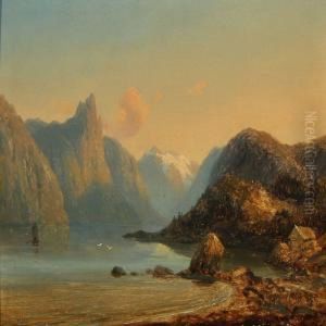 Mountain Landscape With A Lake With A Cabin And A Ship