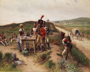 Soldaten Bei Einer Jungen Markthandlerin Auf Der Rast by Adrien Moreau