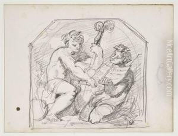 Deux Personnages Jouant De La Musique Dans Un Encadrementdecoratif - view 1
