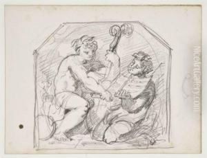 Deux Personnages Jouant De La Musique Dans Un Encadrementdecoratif by Gustave Moreau