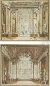A Pair Of Elaborate Architectural Interiors by Jean-Michel Moreau