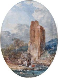 Lavandiere Au Pied D'une Vieille Tour by Louis Gabriel Moreau