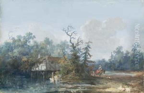 Landscape With A Cottage By A Stream And A Woman On A Donkey - view 1