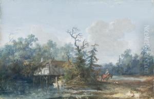 Landscape With A Cottage By A Stream And A Woman On A Donkey