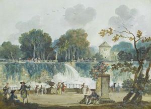 Elegant Figures In A Park Landscape; Elegant Figures Before Stone Steps With A Child Flying A Kite by Louis-Gabriel Moreau the Elder