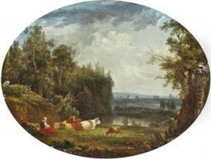 A Woman Watching Over The Herd On A River Bank by Louis-Gabriel Moreau the Elder
