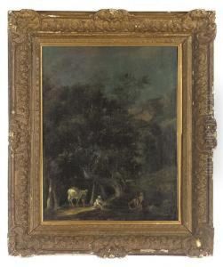 A Wooded Landscape With Washerwomen And A Traveller In A Clearing by Louis-Gabriel Moreau the Elder