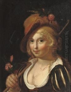 A Young Shepherdess Holding A Staff And Pink Roses In Herhand