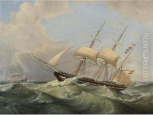 Shipping At Rough Seas; The Lousia Approaching The Harbour (a Pair) by Casparus Johannes Morel