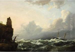 People Gathered On The Coast Watching A Boat In Stormy Weather by Casparus Johannes Morel