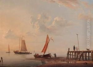Low Tide: Moored Fishing Pinks By A Landing Stage by Casparus Johannes Morel