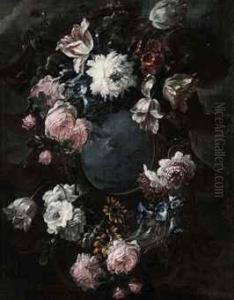 A Garland Of Roses, Parrot Tulips And Other Flowers by Jean-Baptiste Morel