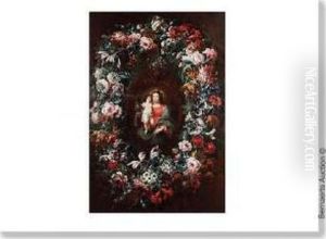 La Vierge A L'enfant Entouree D'une Couronne De Fleurs. by Jean-Baptiste Morel