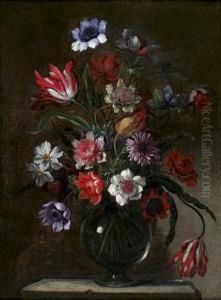 Nature Morte Au Bouquet De Fleurs Dans Un Vase En Verre by Jean-Baptiste Morel