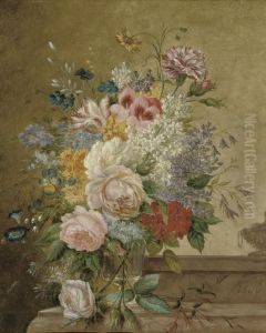 A Bouquet Of Flowers In A Glass Vase On A Ledge by Jan Evert Morel