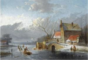 Figures On The Ice Near A 'koek En Zopie' by Jan Evert Morel