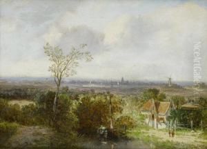 Extensive Landscape With Figures; River Scene With Fisherman by Jan Evert Morel