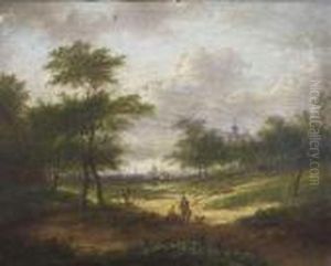 Baumbestandene Landschaft Mit Figurenstaffage Und Stadtsilhouette Im Dunst