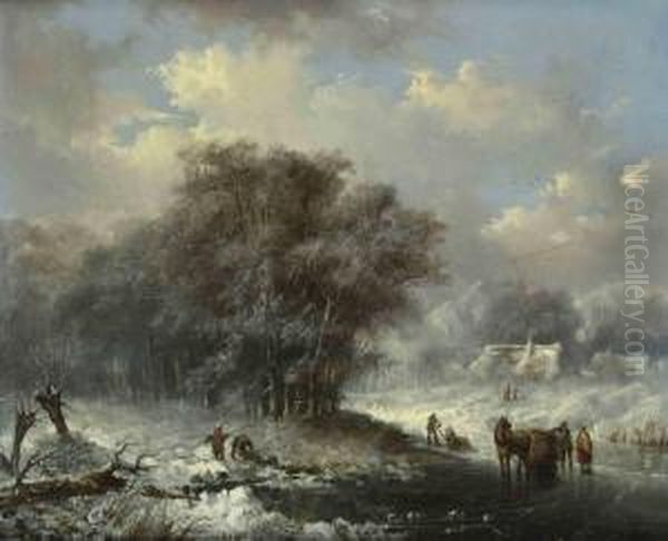 A Winterlandscape With Peasants Gathering Wood And A Horse Carriage On The Ice, A Farm Beyond - view 1