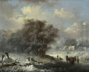 A Winterlandscape With Peasants Gathering Wood And A Horse Carriage On The Ice, A Farm Beyond