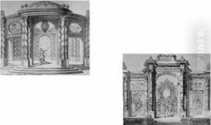 Deux Projets De Decor De Theatre, Annotes : "decoration Transparente Et D'artifice Executee Sur Le Theatre Du Roy En 1754 A Fontainebleau Inventee Et Executee En Peinture Par Boquet Peintre Et Dessinateur Des Menus Plaisir Du Roy, Rugieri Artificier." by Jean-Baptiste Morel