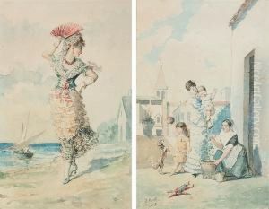 A Family On A Terrace; And A Lady In A Regional Costume, Holding A Fan