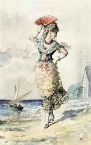 A Lady In Regional Costume, Holding A Fan by Fausto Morell Y Orlandis